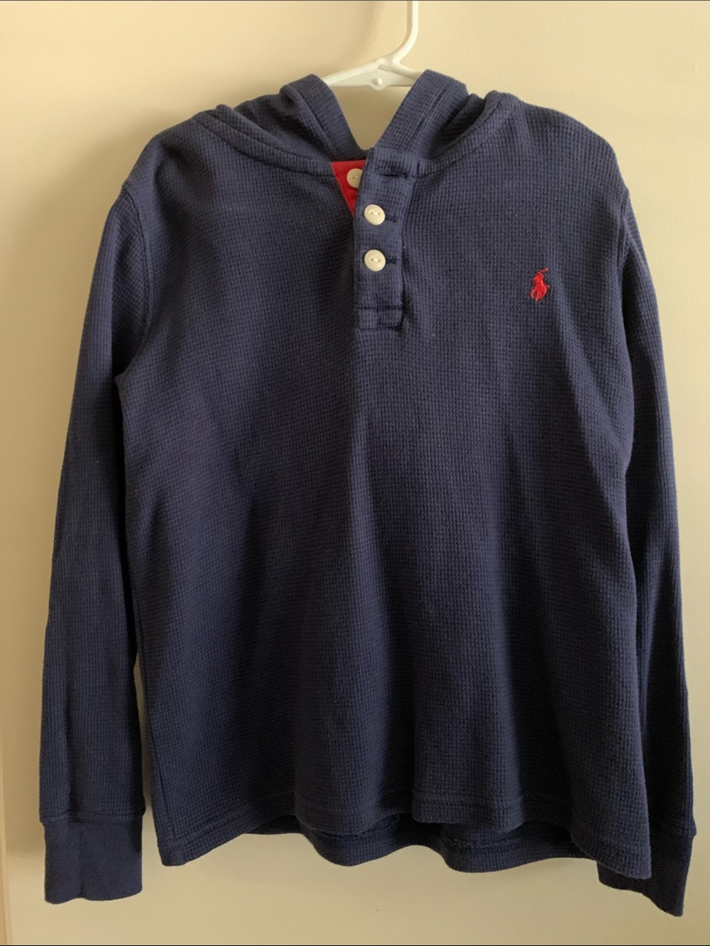 Polo by Ralph Lauren Navy Hooded Waffle-Knit Henley with Red Pony